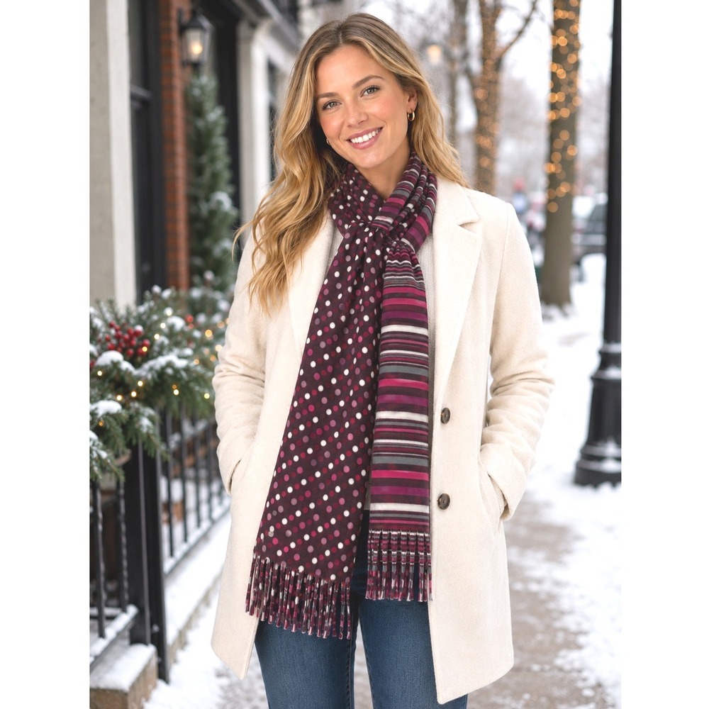 JOE BOXER Fleece Scarf Women's OSFM Multicolor‎ Polka Dot Stripe Fringe Design